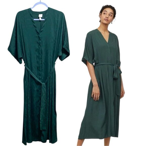 H&M Green Kaftan Midi Maxi Dress Palm Leaf Print Belted V-Neck US 6 - Picture 1 of 16